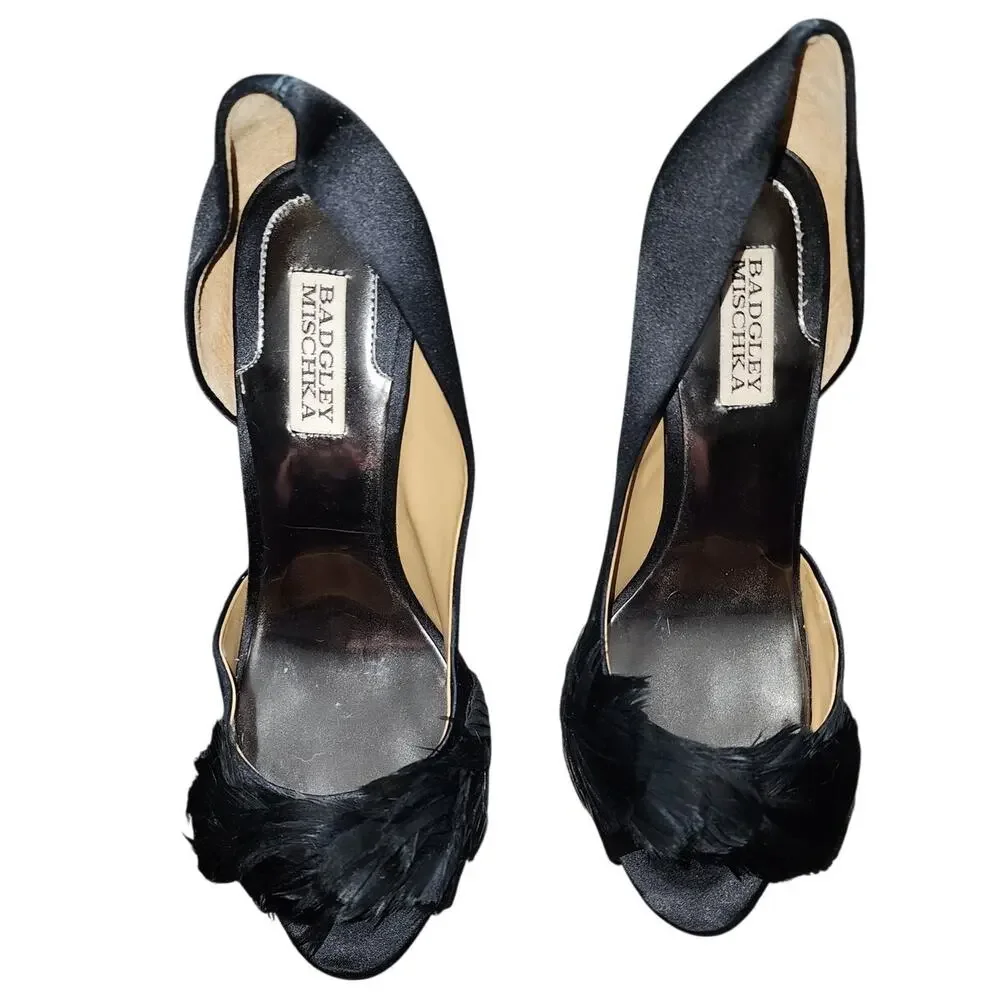 Badgley Mischka Gisella d'Orsay Peep open toe feather Evening Black Pumps 9.5 - Picture 4 of 8
